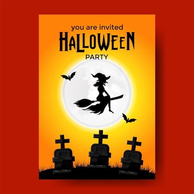 Halloween party invitation with flaying witch at the night