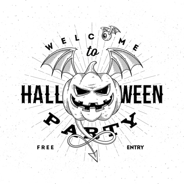 Halloween party invitation with flying pumpkin - line art illustration