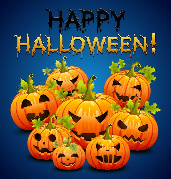 Invito a una festa di halloween con zucche su sfondo blu. illustrazione vettoriale.