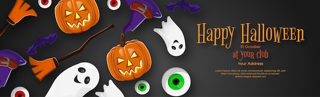 Banner di inviti per feste di halloween con zucche con occhi di cappello fantasma di pipistrello