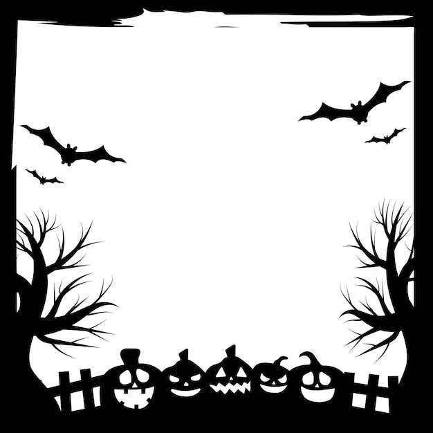 Inviti per feste di halloween o banner di biglietti di auguri con i tradizionali simboli di halloween. volantino con posto per campione di testo con texture in una semplice cornice grunge. illustrazione vettoriale in bianco e nero.