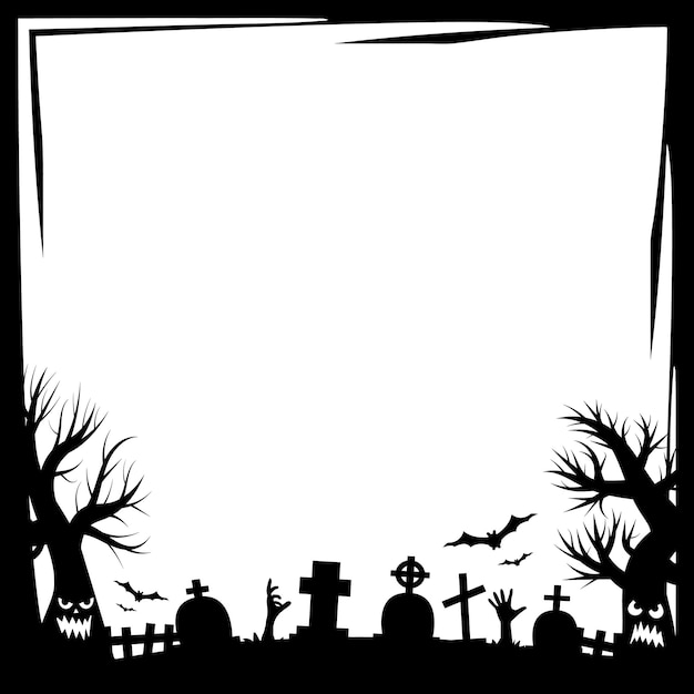 Приглашения на вечеринку в честь хэллоуина или баннер поздравительных открыток с традиционными символами хэллоуина. флаер с местом для образца текста с текстурой в простой рамке гранж. векторные иллюстрации в черно-белом.