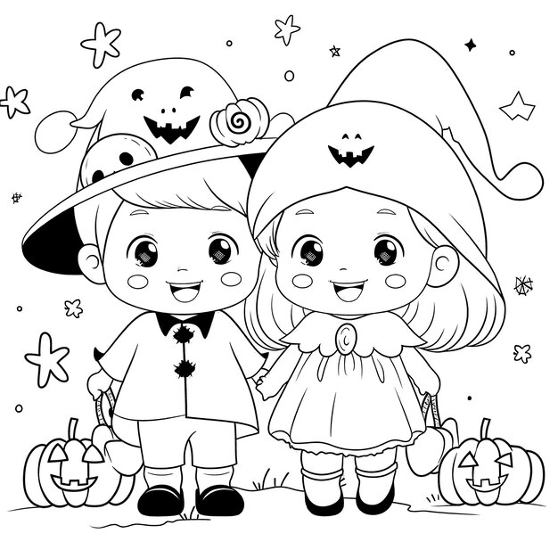 Vector halloween party for kids black and white coloring page for kids and adults line art simple cartoon style happy cute and funny