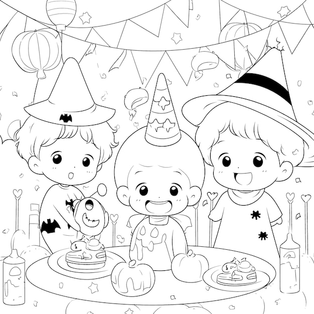 Halloween party for kids black and white coloring page for kids and adults line art simple cartoon style happy cute and funny