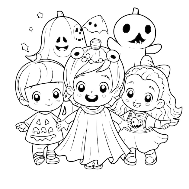 Premium Vector | Halloween party for kids black and white coloring page