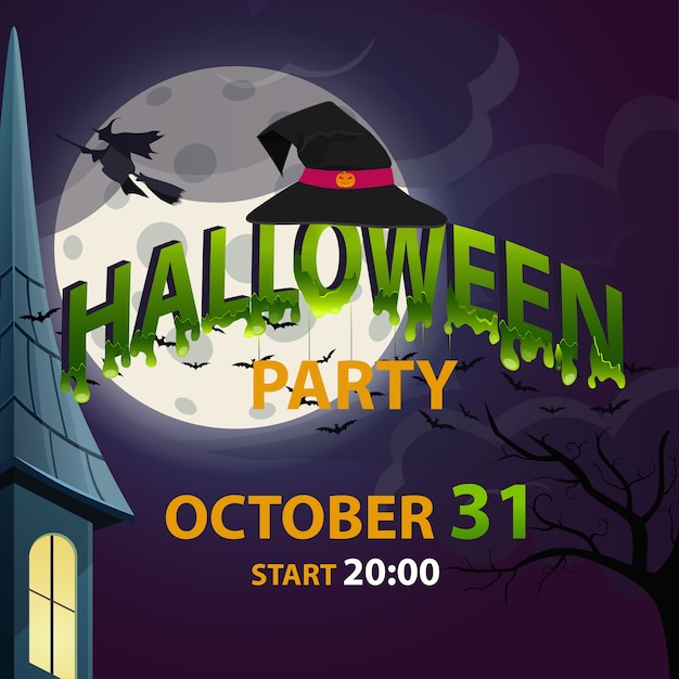 Halloween party logo with with bats and a witch on a broom.