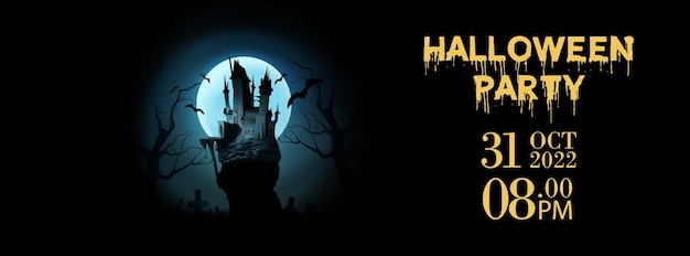 Vettore manifesto della festa di halloween castello scuro davanti alla luna piena con banner spaventoso facebook copertina instagram