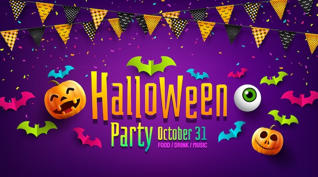 Halloween party poster or flyer with flags garlands, paper bats and confetti.