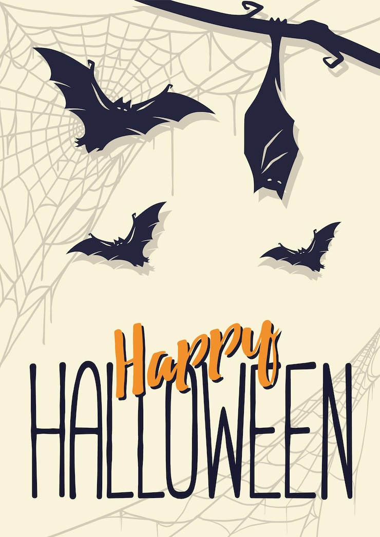 Vector halloween party poster or postcard with scary horrible bats and spider web