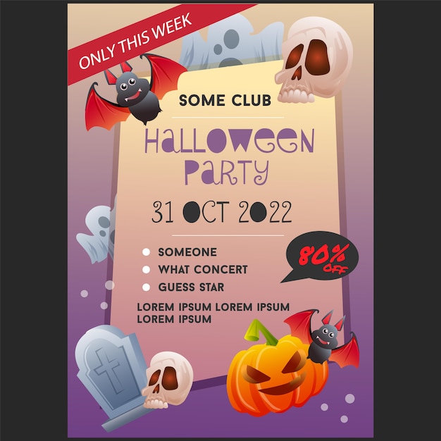 Halloween party poster template with bat skull grave