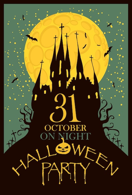 Poster del partito di halloween con il castello