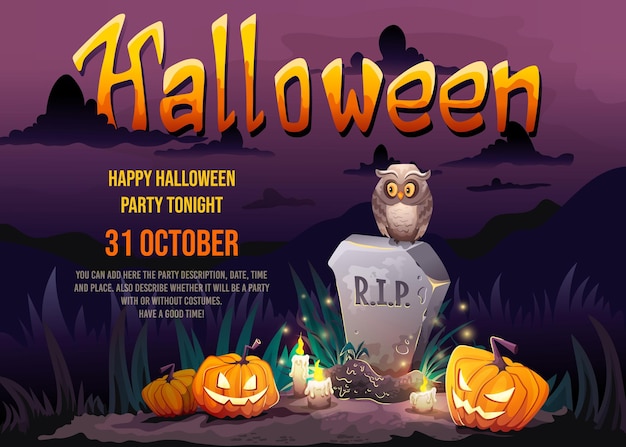 Halloween party poster with gravestone tomb old owl and scary pumpkins in cemetery with full moon