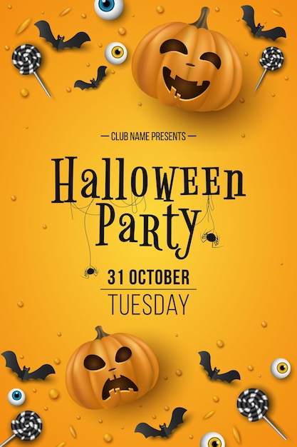 Vector halloween party poster with lettering 3d emotional cartoon smiling pumpkins with eyes candy bats on yellow background festive flyer design invitation greeting card vector