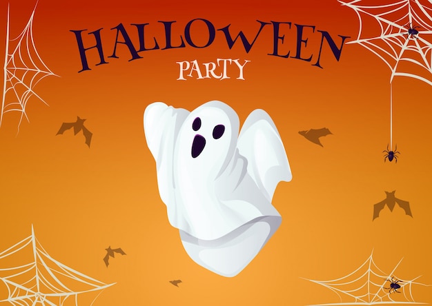 Manifesto del partito di halloween con personaggio spettrale fantasma spaventoso. carta di invito horror notturno.