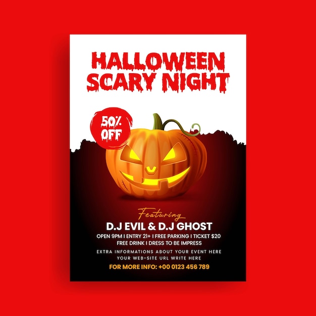 Halloween party print flyer or poster template with scary pumkin spooky horror background