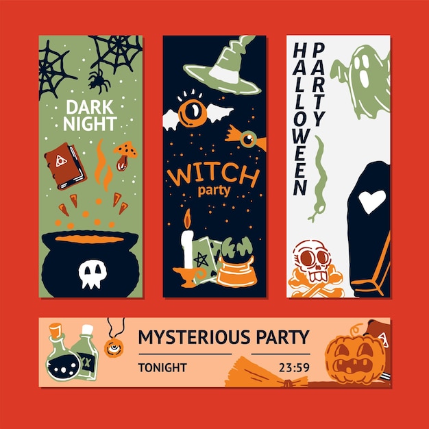 Vector halloween party promo verkoop sociale media sjabloon met magische elementen ketel met drankje magie