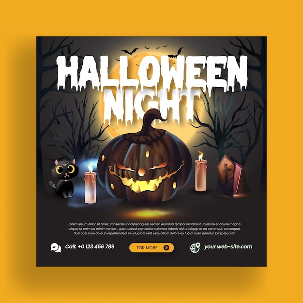 Halloween party social media post banner sjabloon en Instagram post met angstaanjagende pompoen achtergrond
