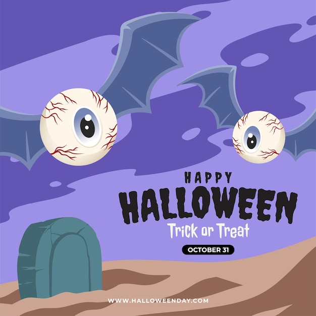 Halloween party social media template with eyeball bats in cemetery illustration design