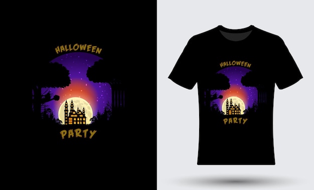 Halloween Party t-shirt illustratie met kleurrijke maan nacht achtergrondontwerp