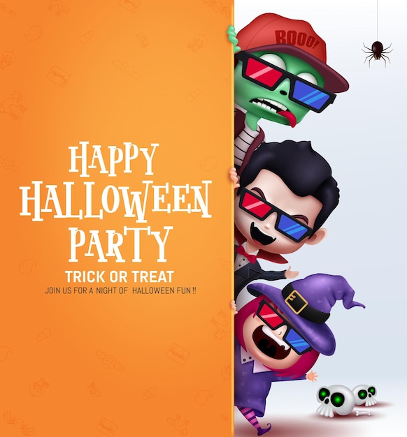 Halloween party tekst vector sjabloonontwerp Happy halloween uitnodigingskaart met schattige kleine