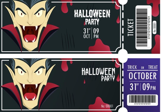 Vector halloween party ticket sjabloonontwerp hallow eve ticket in eng dracula gezicht