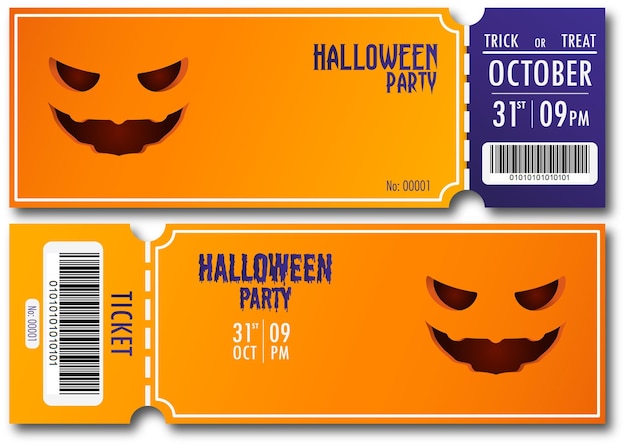 Halloween party ticket template design hallow eve ticket in scary pumpkin face