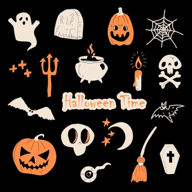 Vector halloween party traditionele doodle pictogrammen schets hand gemaakt ontwerp op een zwarte achtergrond