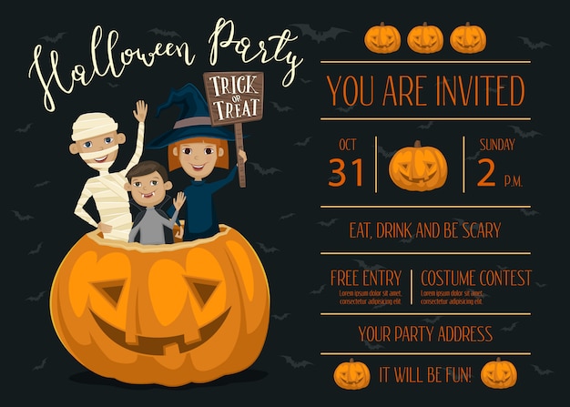 Vector halloween party uitnodigingskaart met kinderen