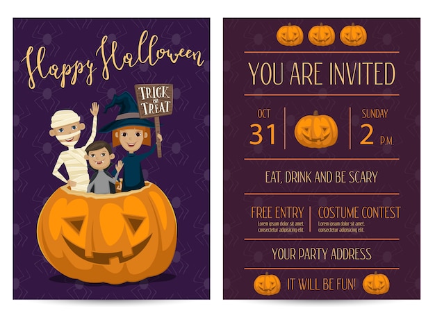 Vector halloween party uitnodigingskaart met kinderen