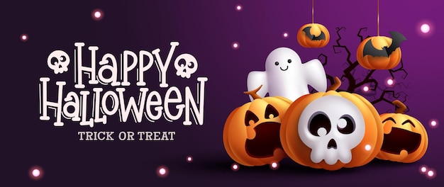 Halloween party vector design Happy halloween greeting text with ghost skull and pumpkin elements