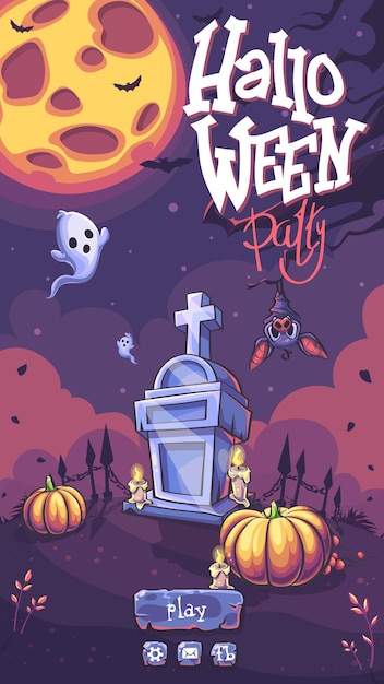 Halloween party vector playing field with pumpkin, headstone, ghost, moon, candle, bat, tree