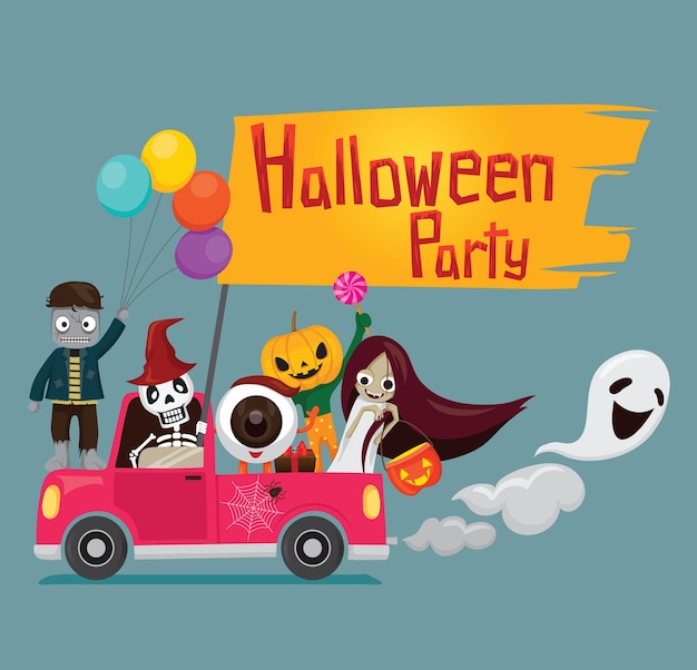 Halloween party with happy ghosts on pickup