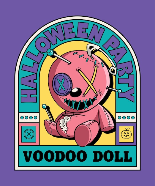 Vector halloween party with voodoo doll spooky horror cartoon on art deco illustration style