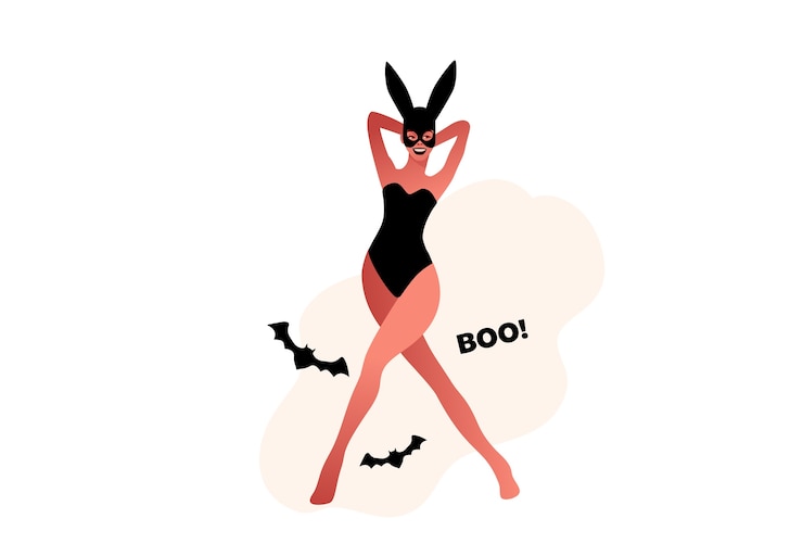 Vector halloween party, woman wearing a black mask and lingerie. bunny standing on a white background  illustration.