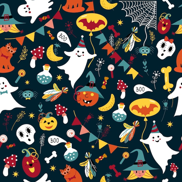 Vector halloween-patroon met schattige spookpompoen naadloos met grappige schedelheks op hoed