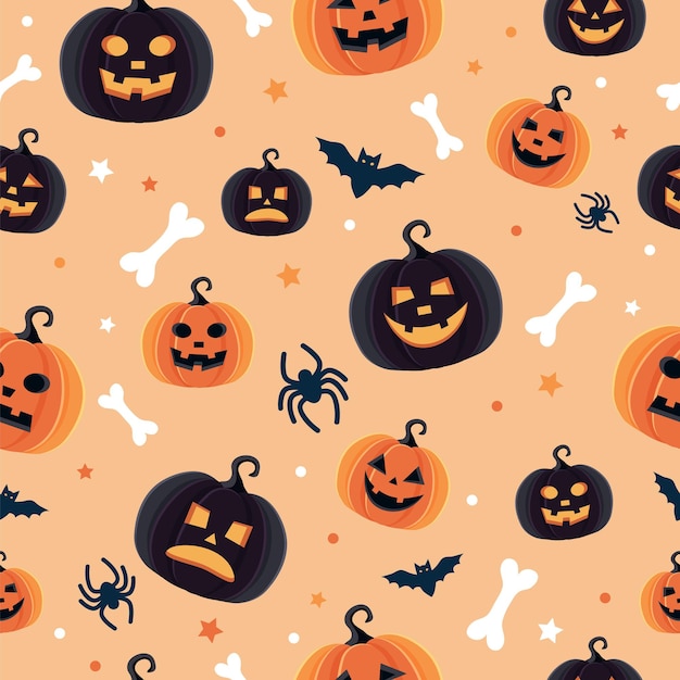 Halloween-patroon met verschillende pompoenen, griezelige hefboom o lantaarn, spinnen en vleermuizen. vector illustratie