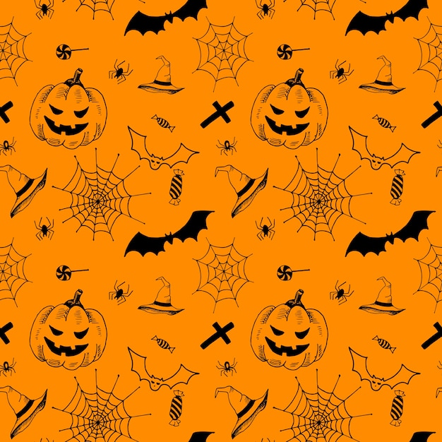 Modello di halloween. oggetti disegnati a mano nera su sfondo arancione. sfondo vettoriale senza soluzione di continuità.