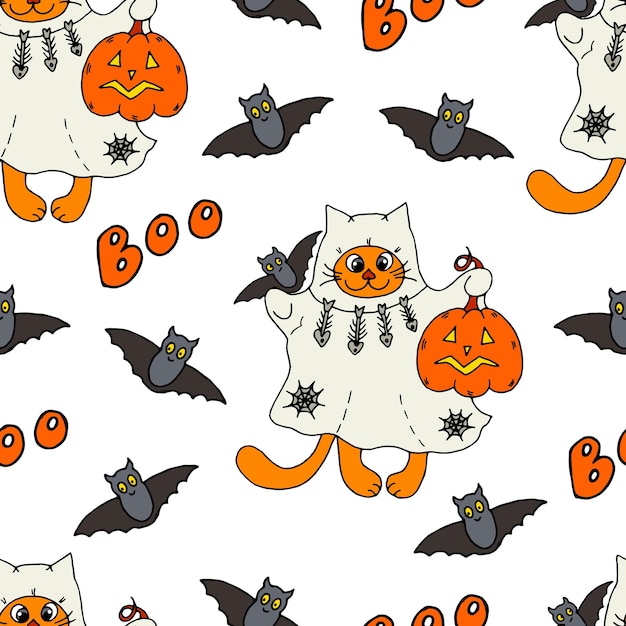 Halloween pattern cute ginger cartoon cat in a ghost costume