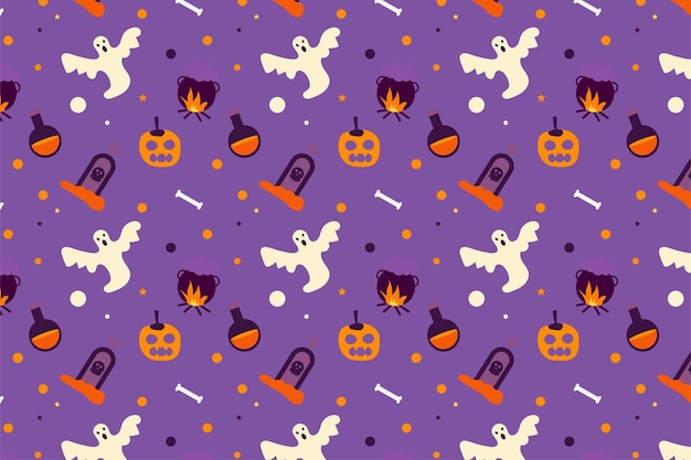 Vettore disegno del modello di halloween su sfondo viola disegno del modello senza fine di halloween con fantasmi spaventosi zucche e stregoneria vettore del modello di halloween per carte da regalo e lenzuola