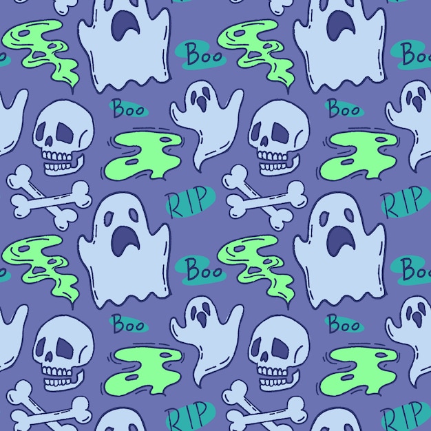 Halloween pattern. ghost and skull on a blue background.