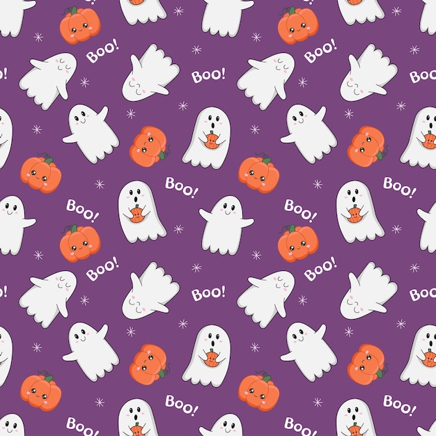 ハロウィーンのパターン可愛いカワイイの幽霊ブー文字カボチャのシームレスな背景