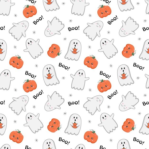 ハロウィーンのパターン可愛いカワイイの幽霊ブー文字カボチャのシームレスな背景
