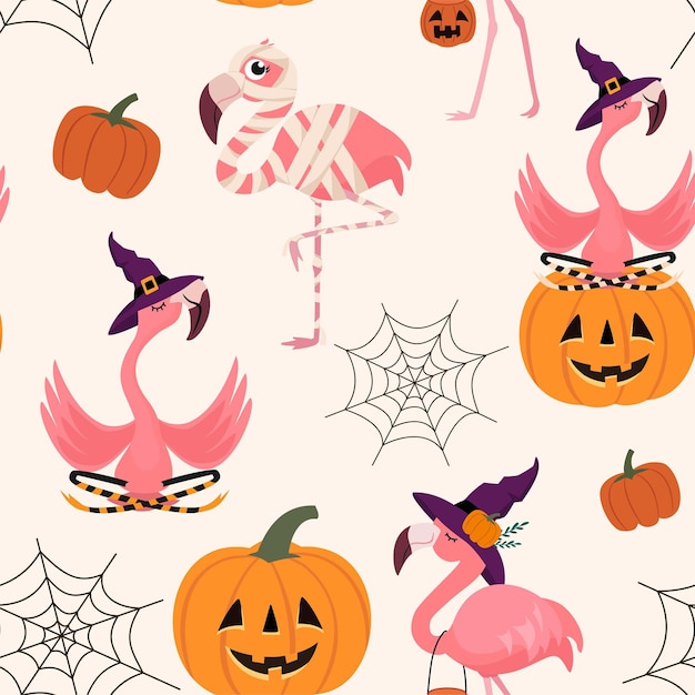 Vector halloween pattern with flamingo pumpkin and web vector seamless texture