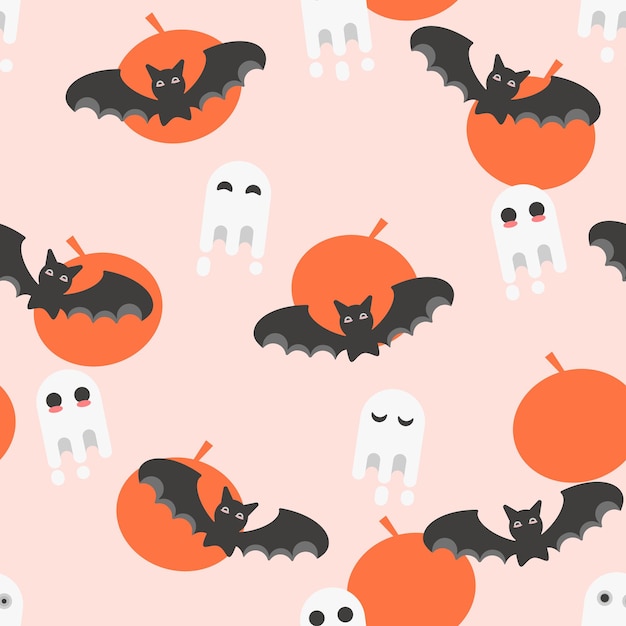 Halloween pattern with ghost pumpkin and bat Vector illustration for design fabric or wrapping paper