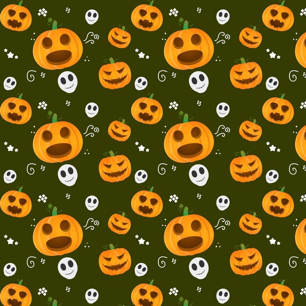 Vettore modello di halloween con zucche teschio spettrale stile cartone animato premium vettoriale