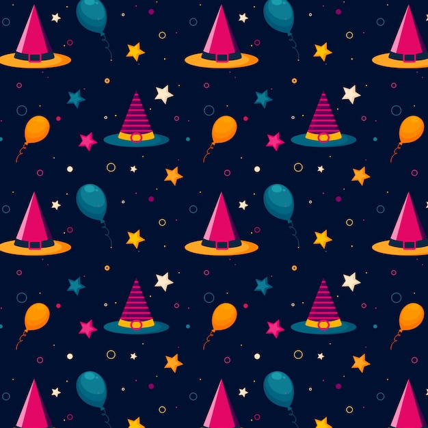 Halloween pattern with witch hats, balloons and stars