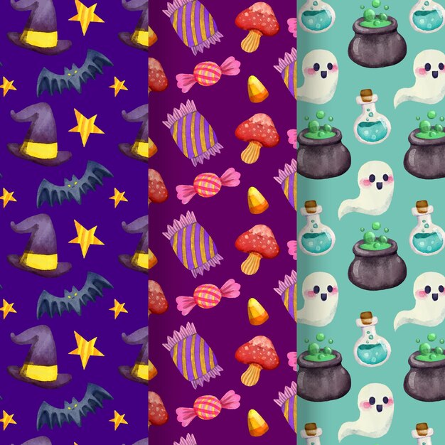 Vector halloween patterns with ghosts and candy