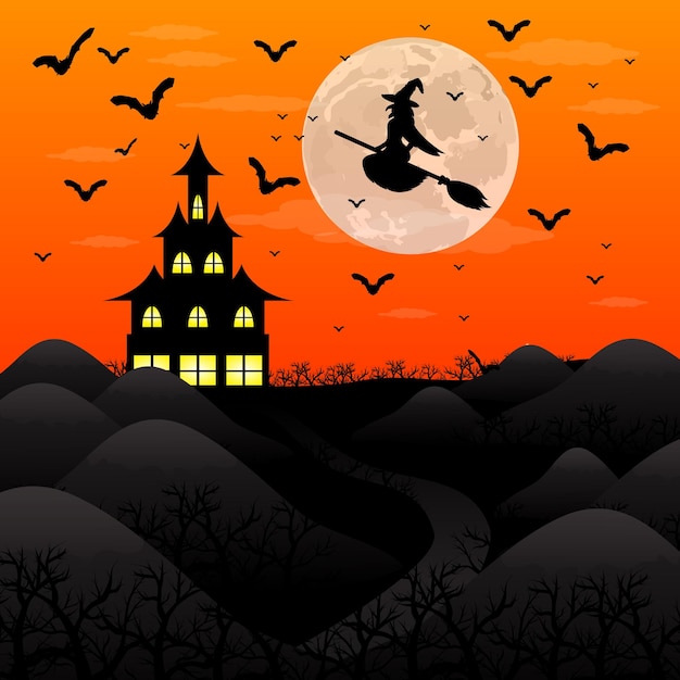 Halloween patty Witch and bats are flying witch in the woods near the castle