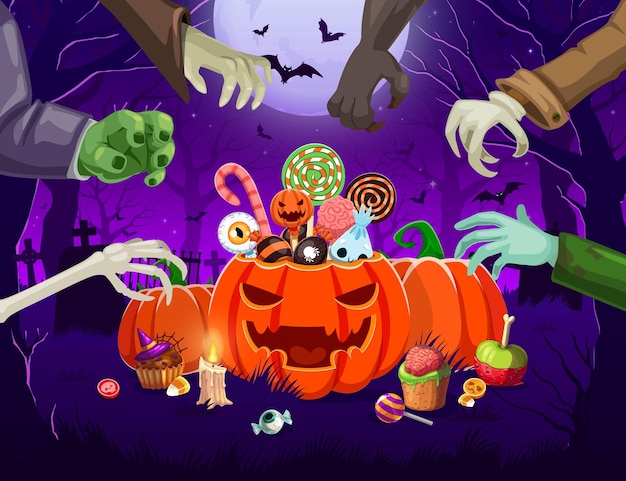 Halloween personage handen en snoep op de begraafplaats