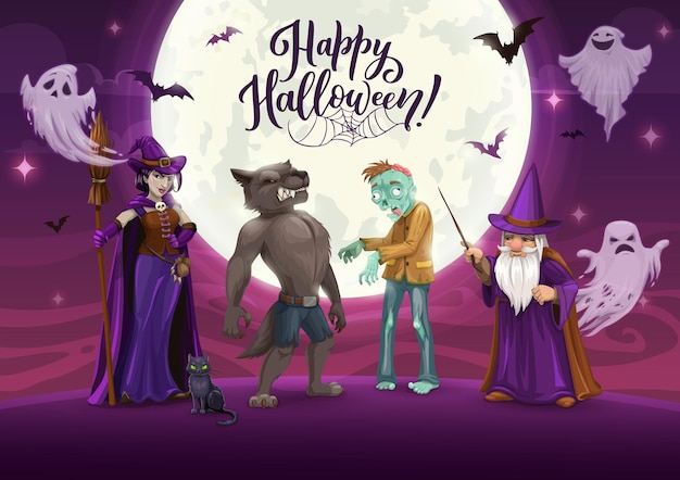 Halloween-personages op middernachtfeest Cartoon wizard heks spoken vampier en zombie karakters Prettige vakantie vector design met heks goochelaar en monster personages op 31 oktober horrornacht